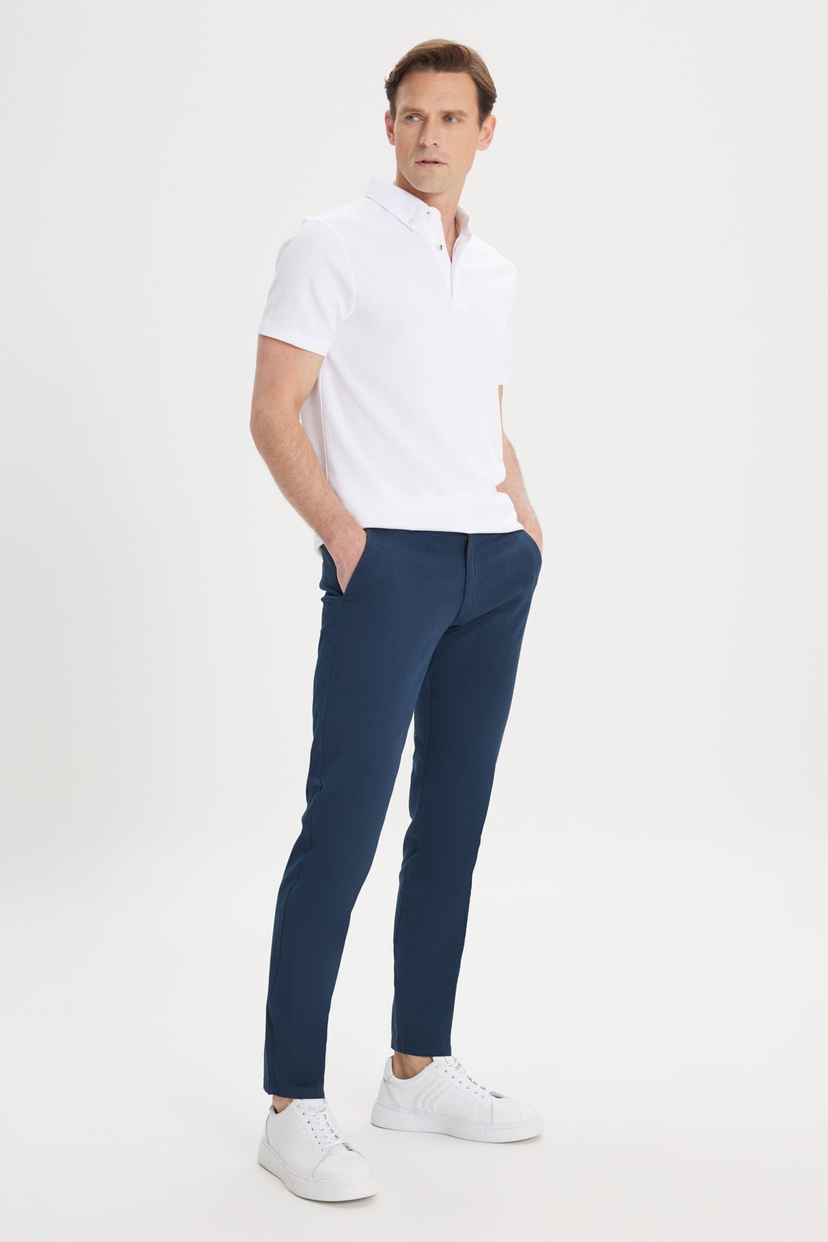 Men's navy blue canvas slim fit narrow cut side pocket flexible chino pants