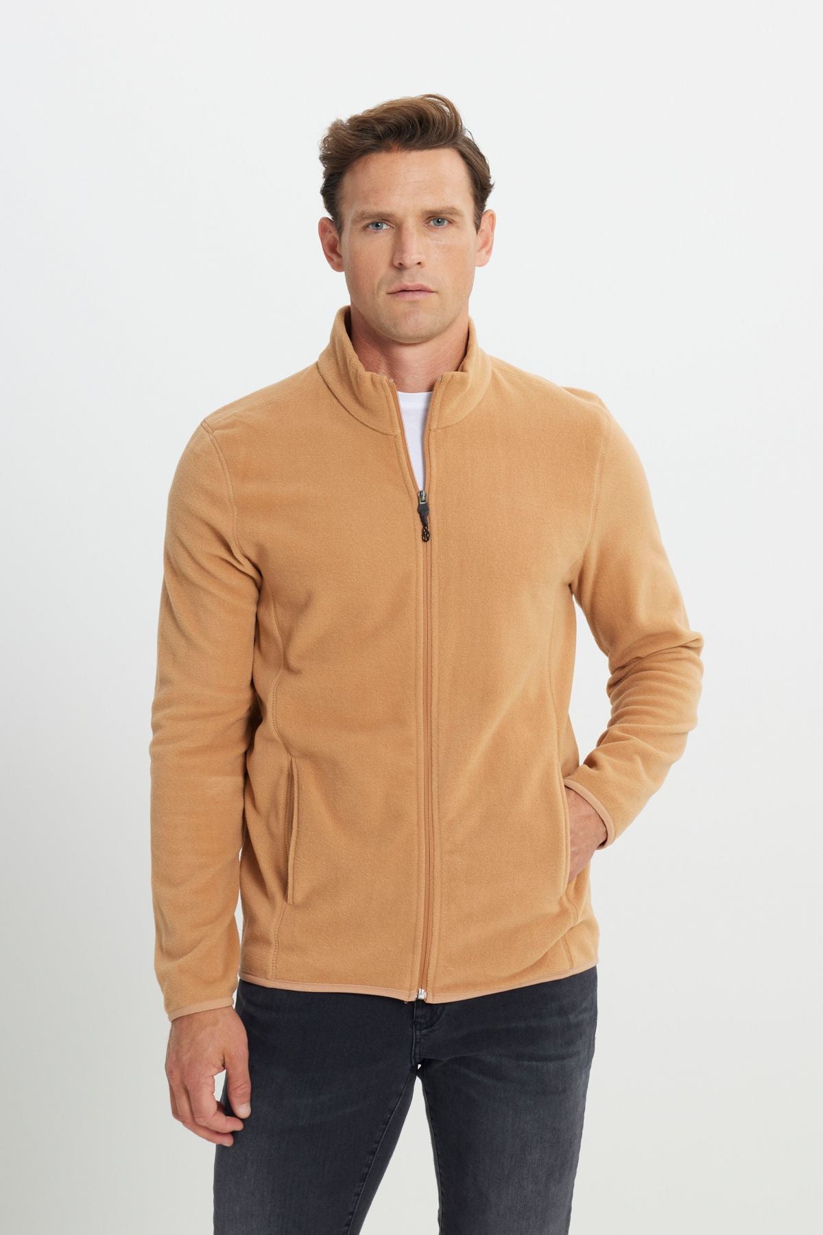 Men's Caramel Anti-Pilling Standard Fit Bato Yaka Sweatshirt Polar Jacket
