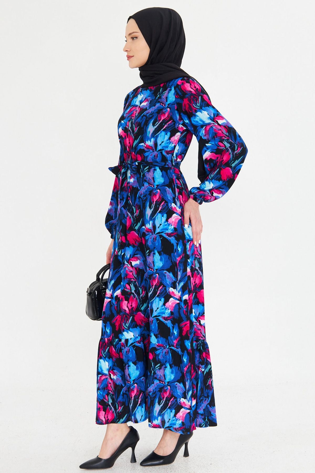 Women's Fuchsia zero collar behind the zipper skirt end with frilly belt long hijab dress ARM-25K001101
