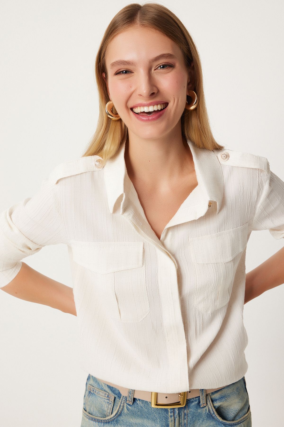 Women's Cream Stylish button detailed shirt FN03267