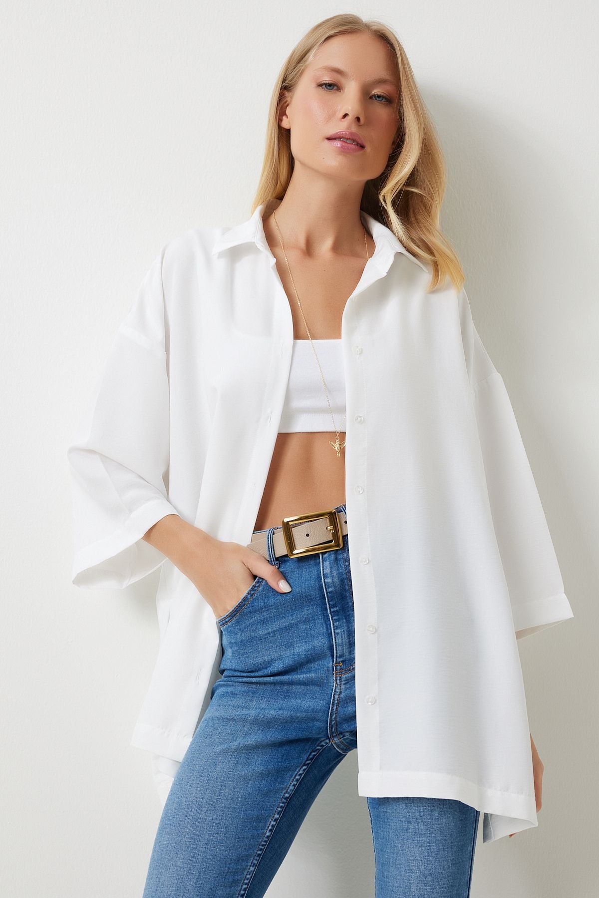 Women's white slit soft textured knitted shirt BF00092