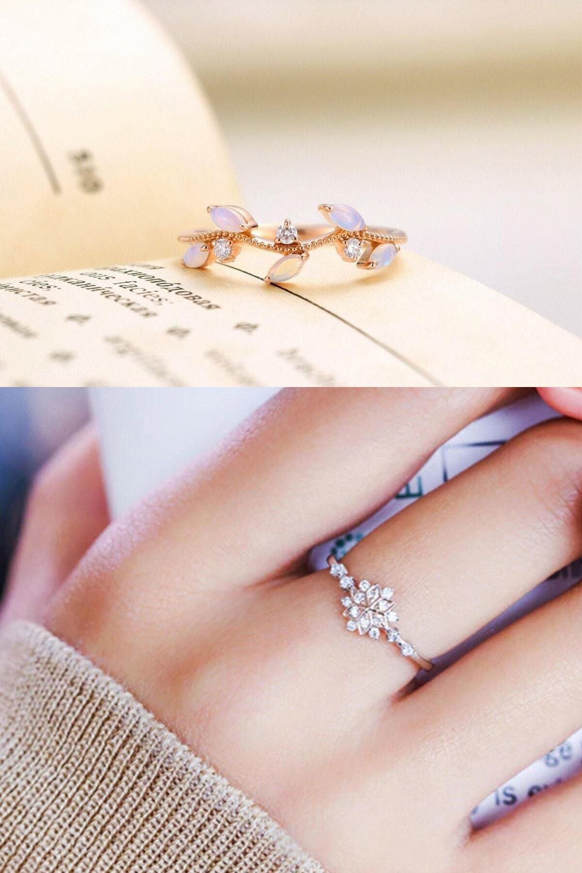 WOMEN WHITE ROSE GOLD STONE SCREEN AND Snowflake 2 Set 14 K Covering Ring