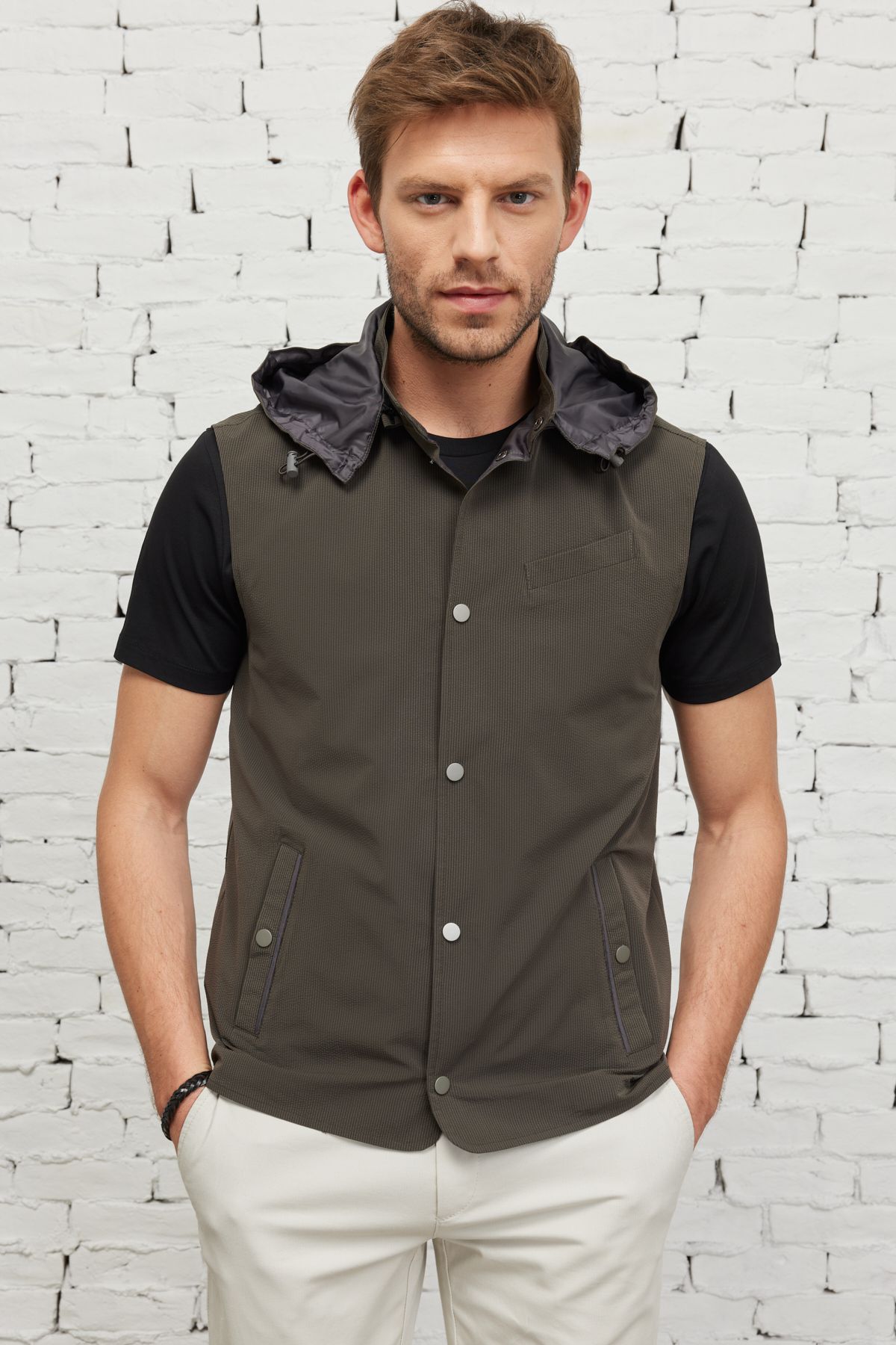 Male Khaki Standard Fit Normal Cut Patterned Vest Vest