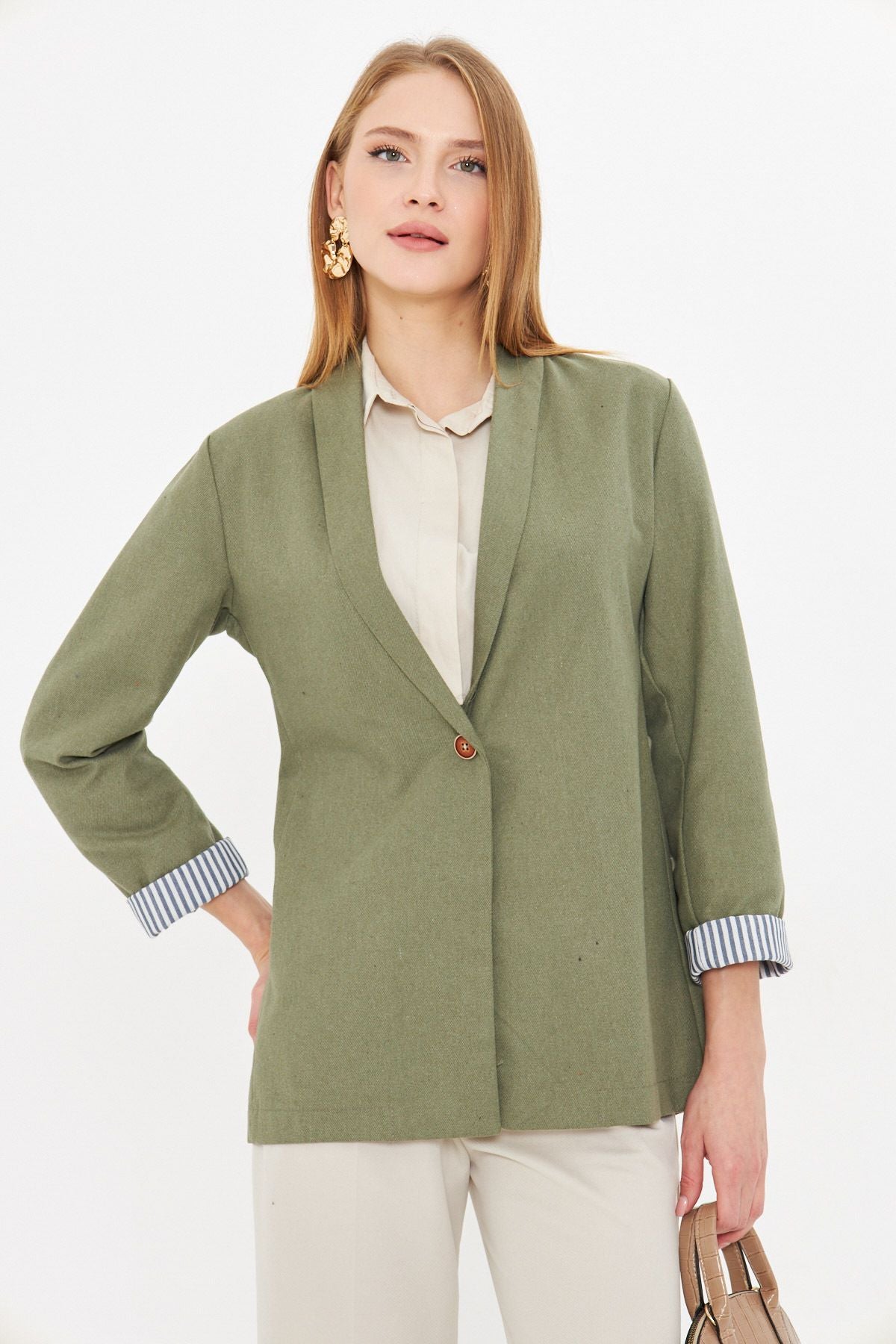 Female Green Arm Striped Single button Jacket ARM-22K001122