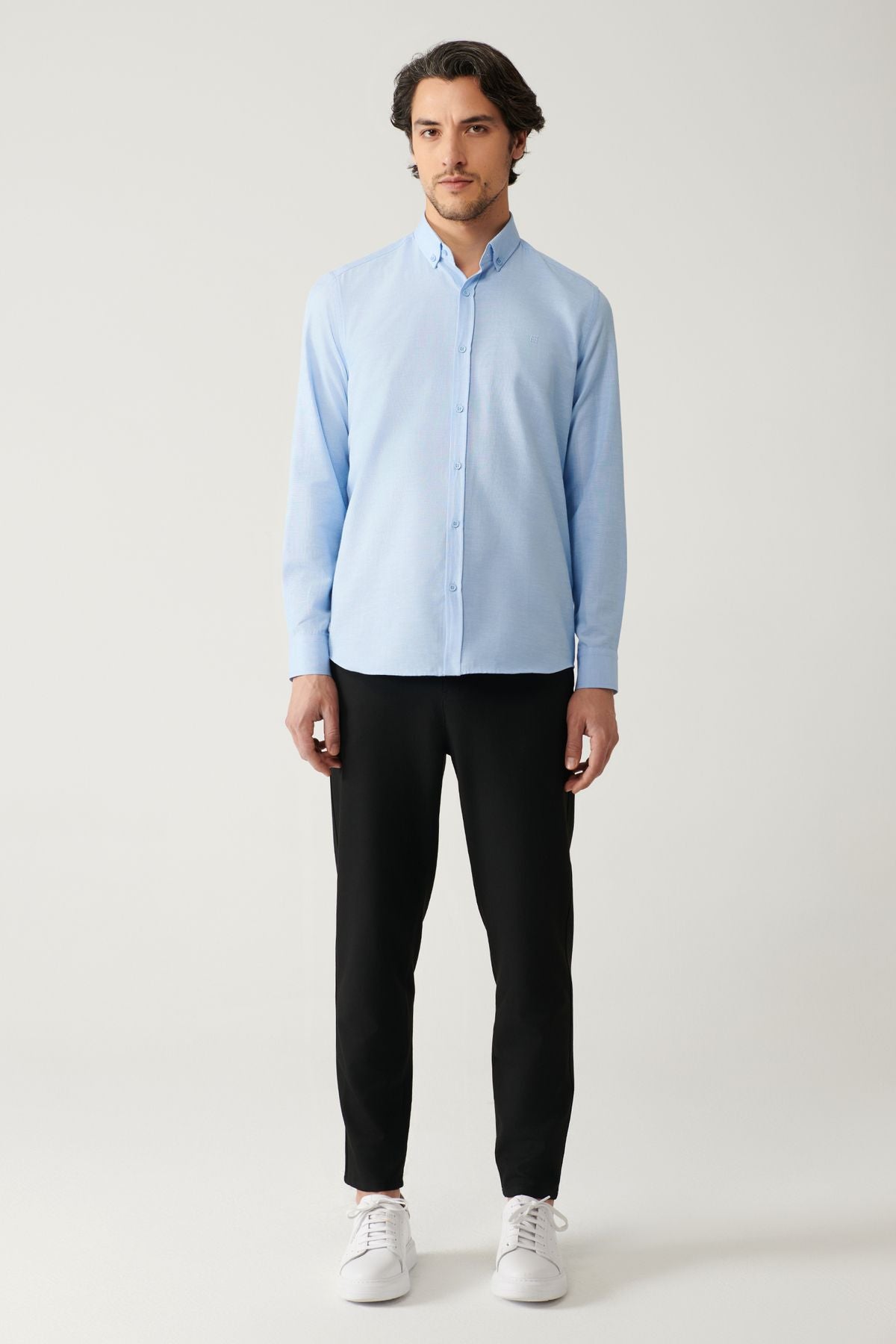Men's blue button collar easily ironed cotton Oxford Shirt E002000