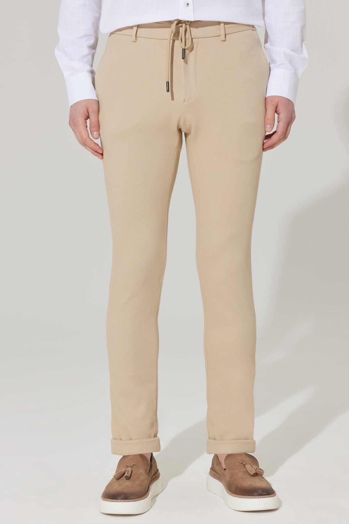 Men's Beige Slim fit narrow cut diagonal patterned flexible waist tied jogger pants