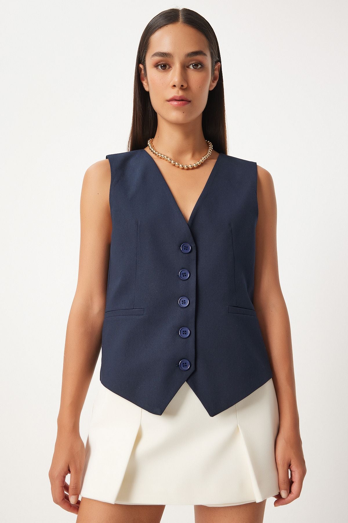 Woman Navy Blue V -Yaka Viscose Vest To00145