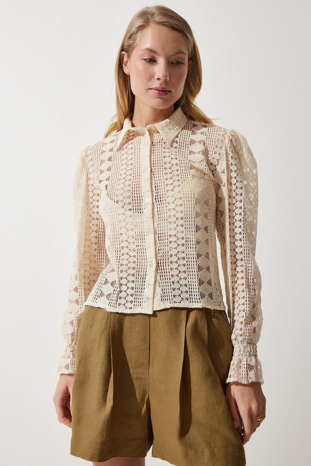 Female Beige Lace Transparent Shirt TP00028