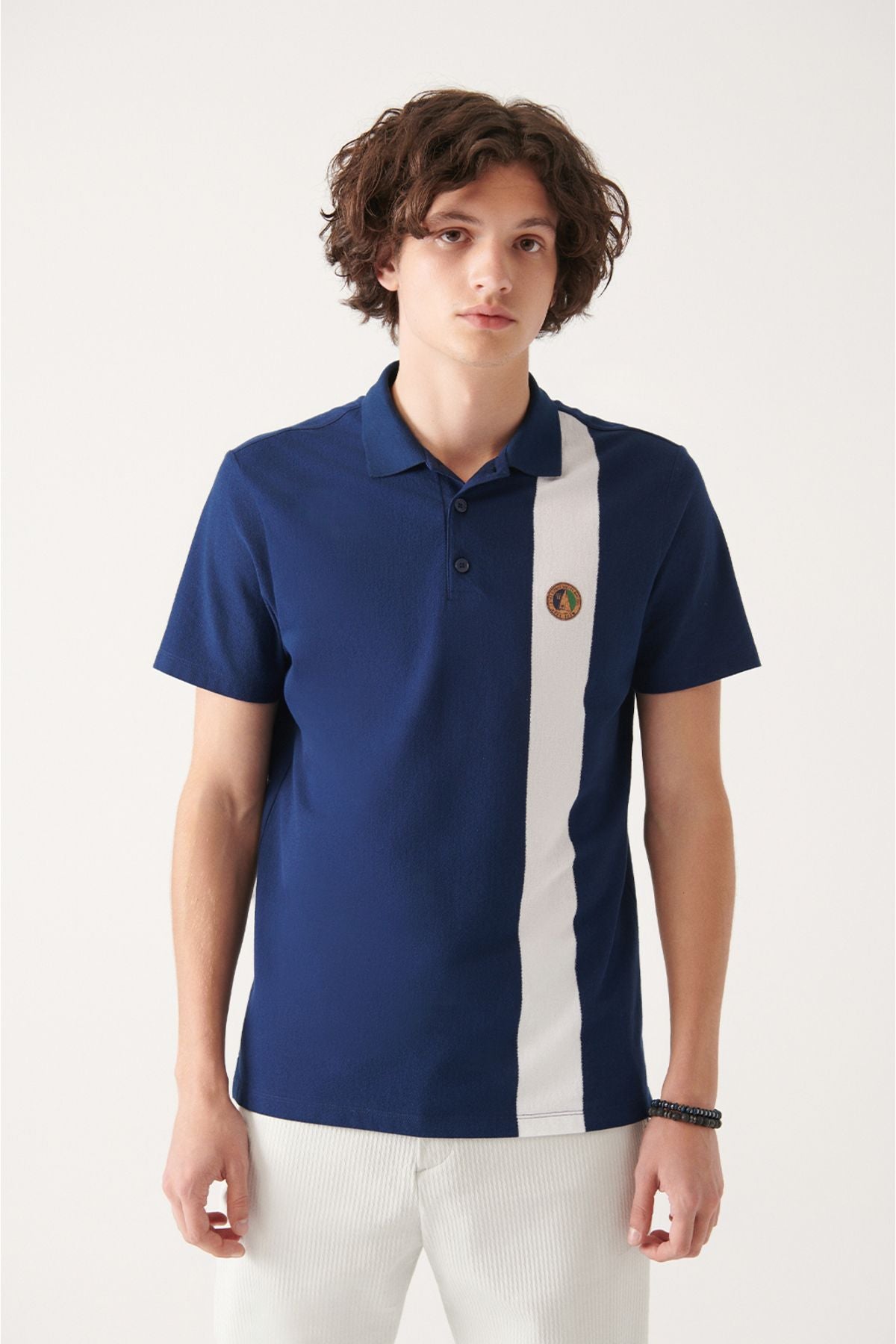 Men's navy blue polo collar cotton marinated t-shirt A31y1023