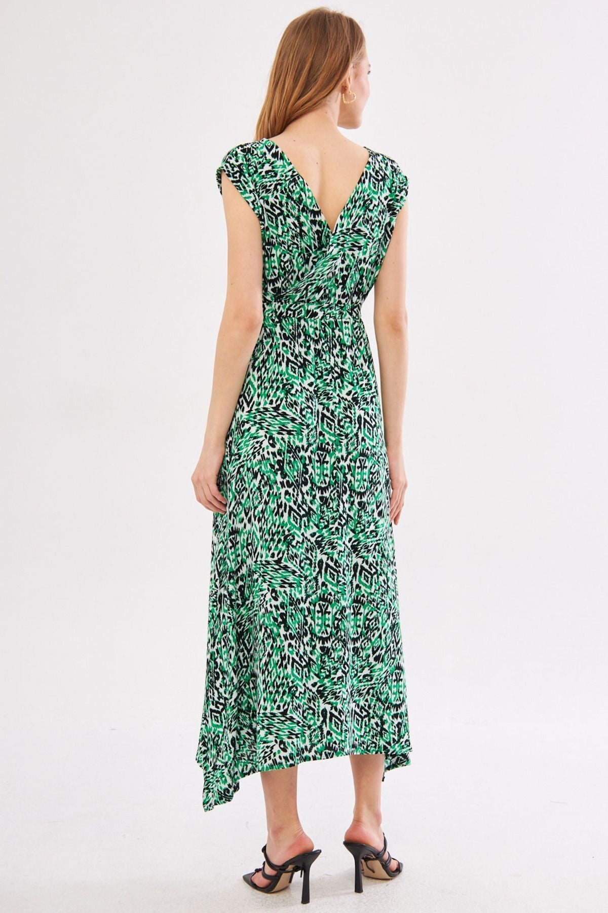Female Green Efta Dress Rear and Front Cyprus Belled Belly Patterned Midi Boy ARM-24Y001027