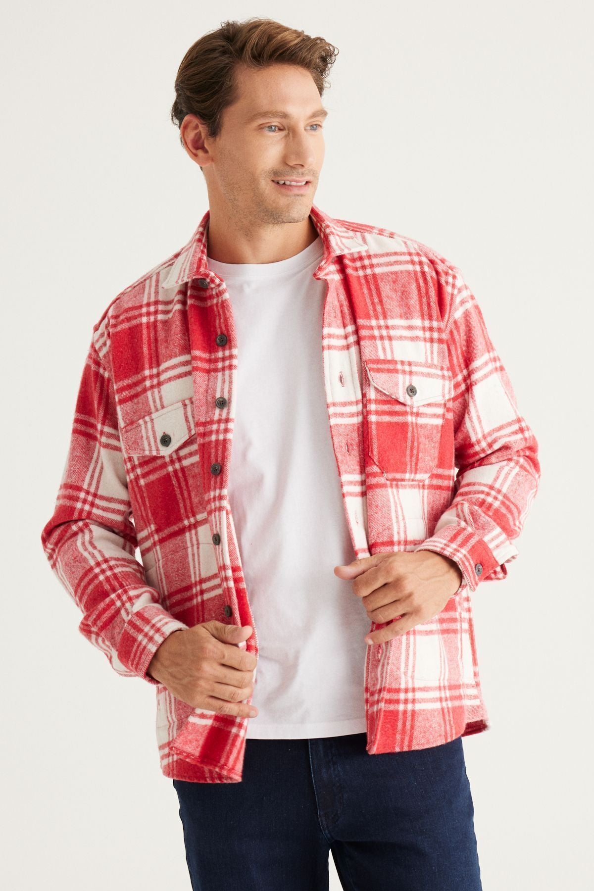 Men's Red Ecru Oversiz plenty of cut buttoned collar checkered winter shirt jacket