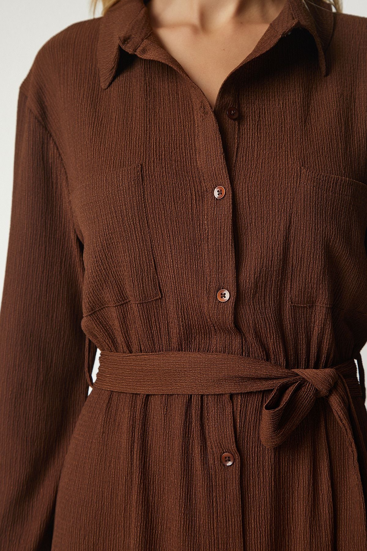 Women's brown belt long shirt dress ub00187