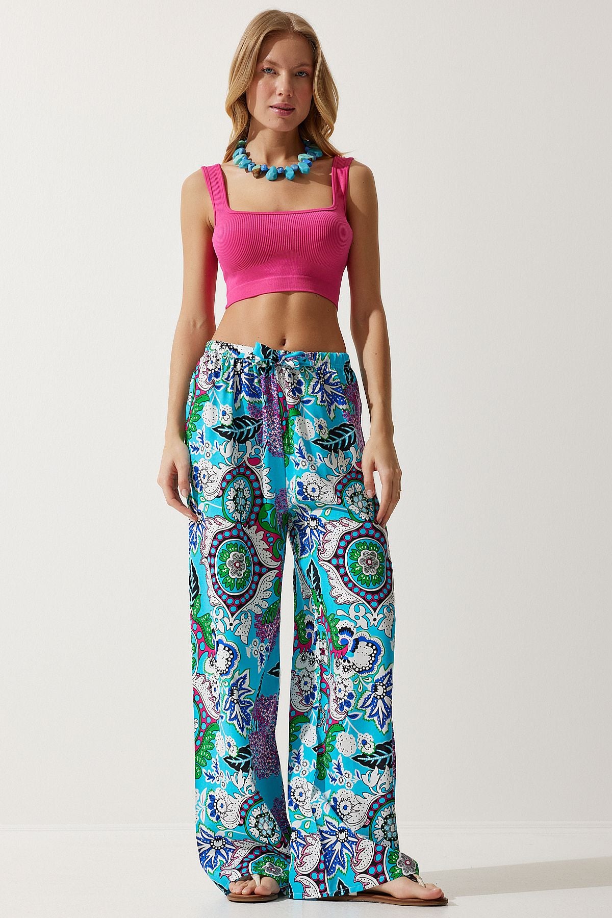 Female turquoise patterned viscose palazzo pants EN00606