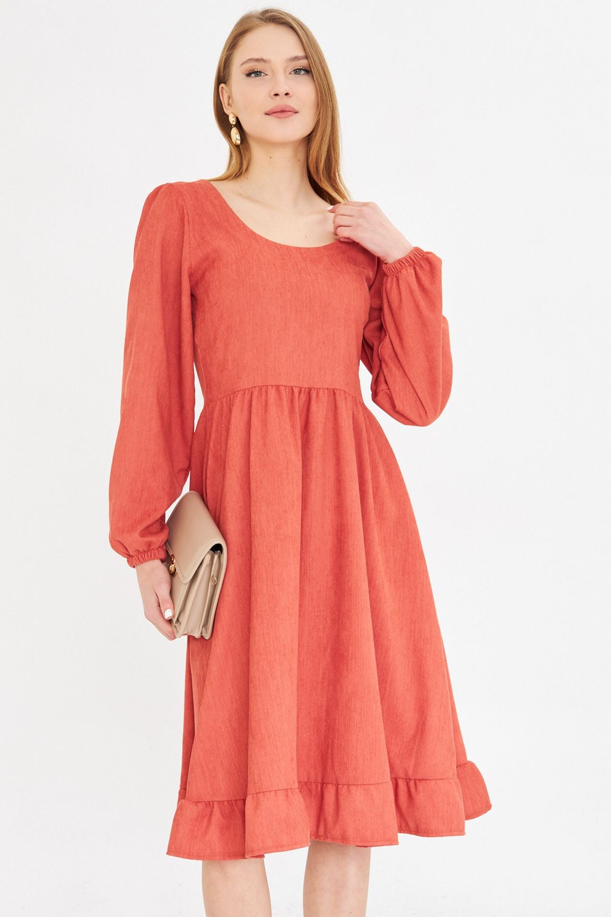 Female Salmon U Behind the Back Zipper Waist Midi Midi Boy Velvet Dress ARM-25K001103