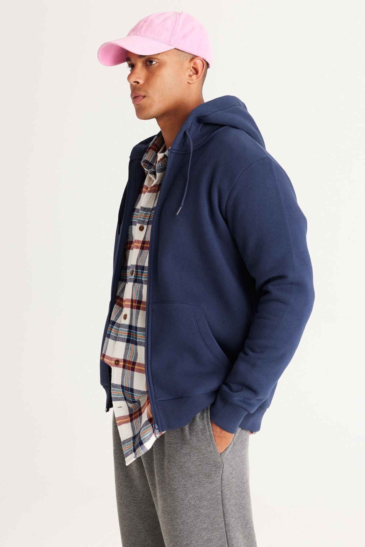 Men's Navy Blue Standard Fit Normal Cutting Içi Pleay 3 IP hooded zippered sweatshirt jacket