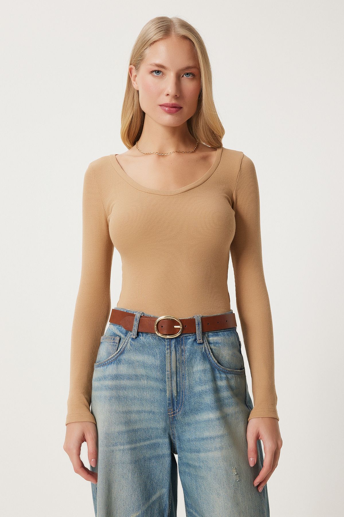 Female Biscuit V -Neck Vummer Lycra Knitting Blouse GT00057