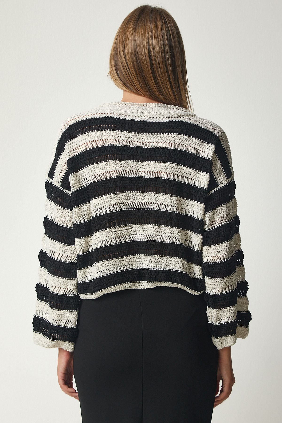 Women's Cream Black Striped Offer Knitwear Sweater RV00151