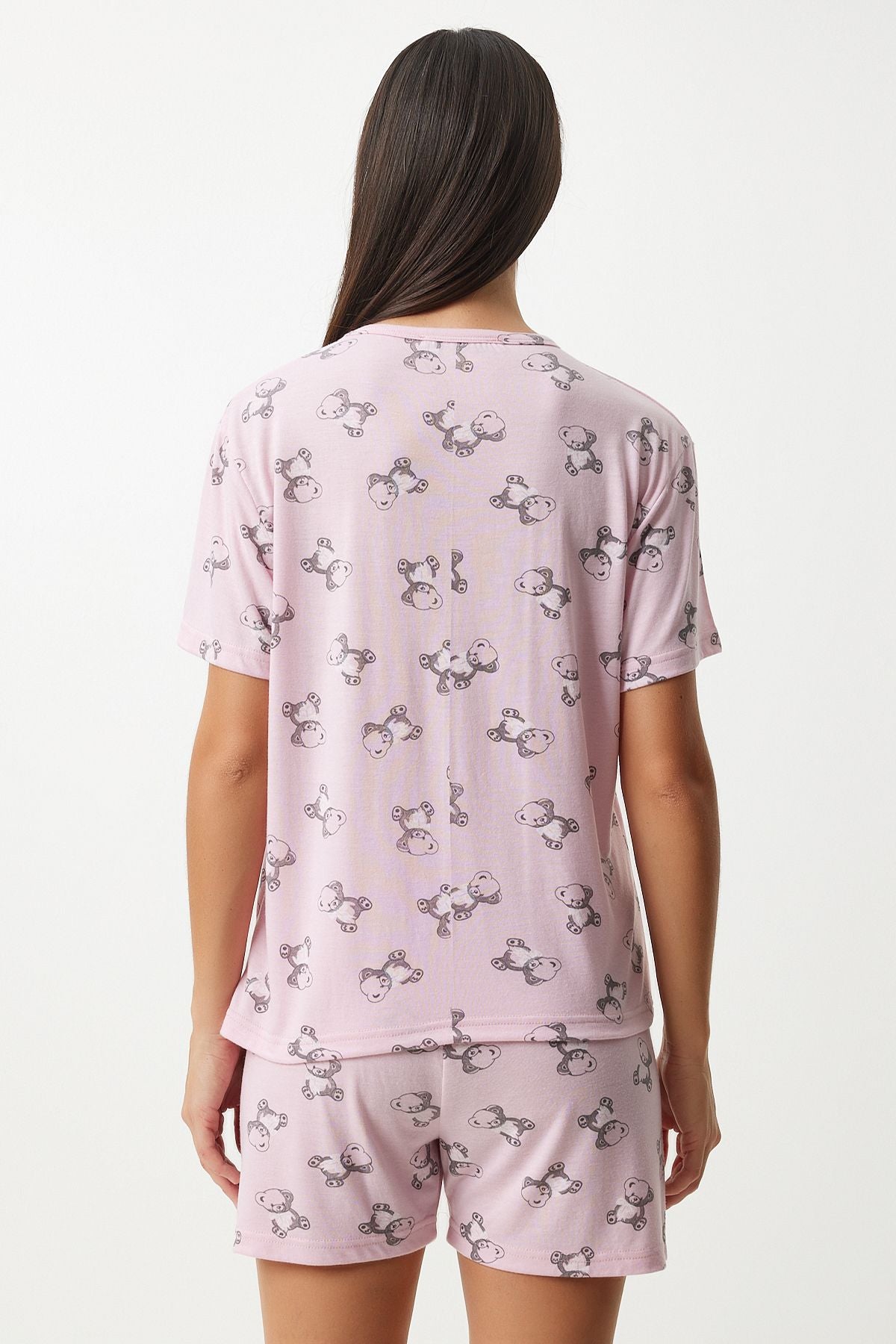 Woman Light Pink Patterned Viscose Short T-Shirt Pajama Set EC00045