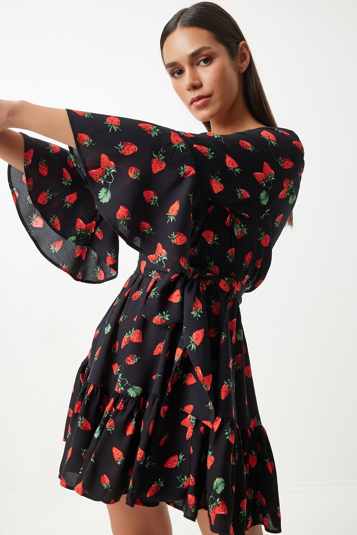 Woman Red Black Patterned Summer Viscon Clash Dress FN03202