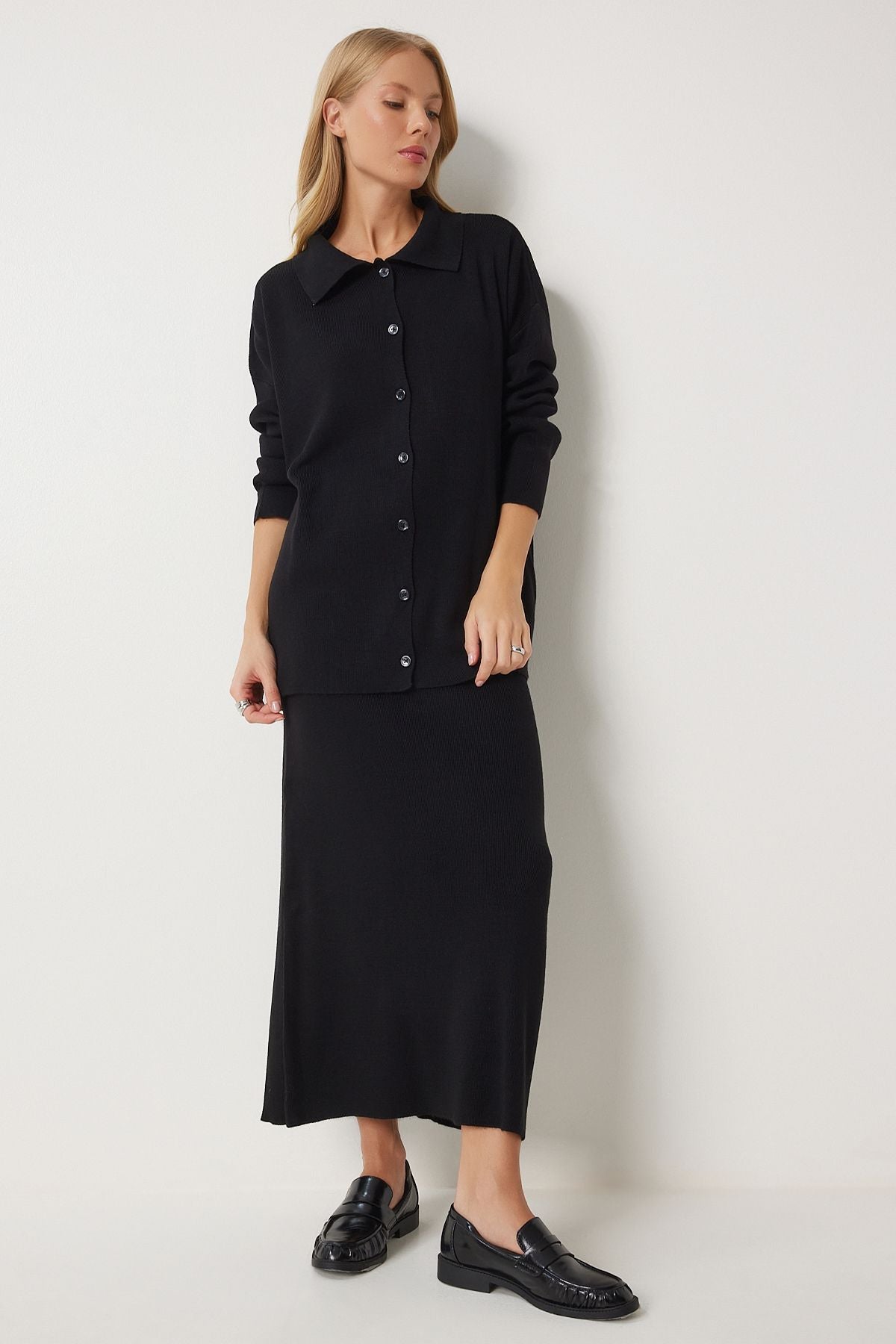WOMEN BLACK Polo Yaka knitwear cardigan skirt set PF00090