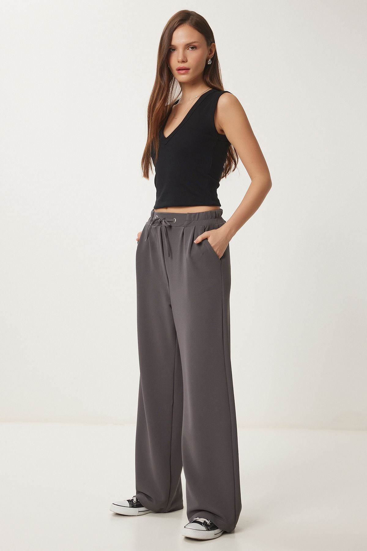 Kadın Füme Bol Paça Rahat Örme Pantolon RV00204