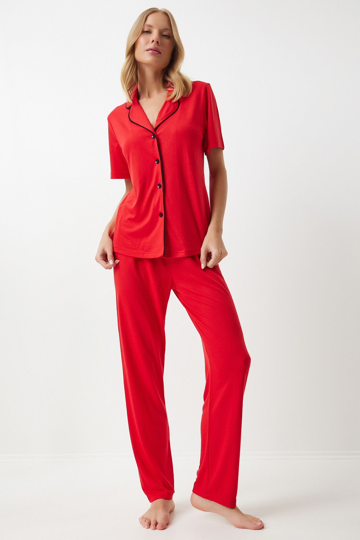 WOMEN'S RED BIE DETAILED SHIRT Pants Pajama Set EC00038