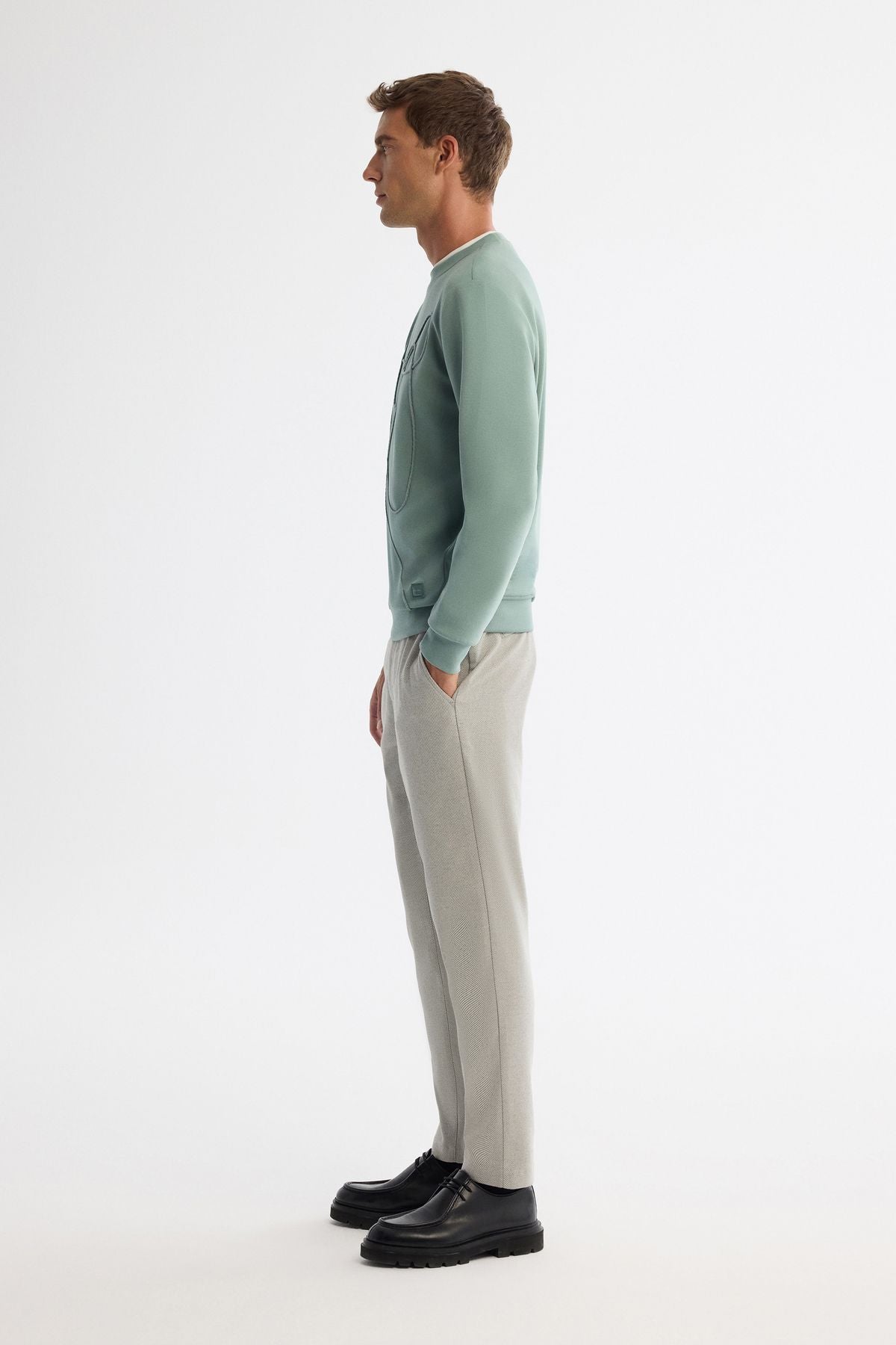 Men's Mint Green Bike Collar Cotton Embroidery Sweatshirt A42y1247