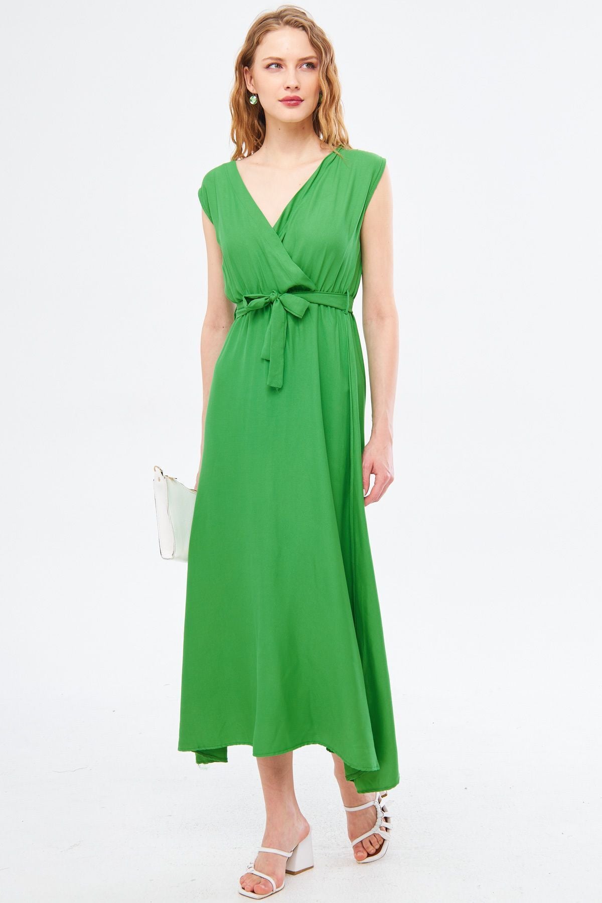 Woman Light Green Efta Dress Rear and Front Collar Cruve Belled Midi Boy ARM-24Y001027