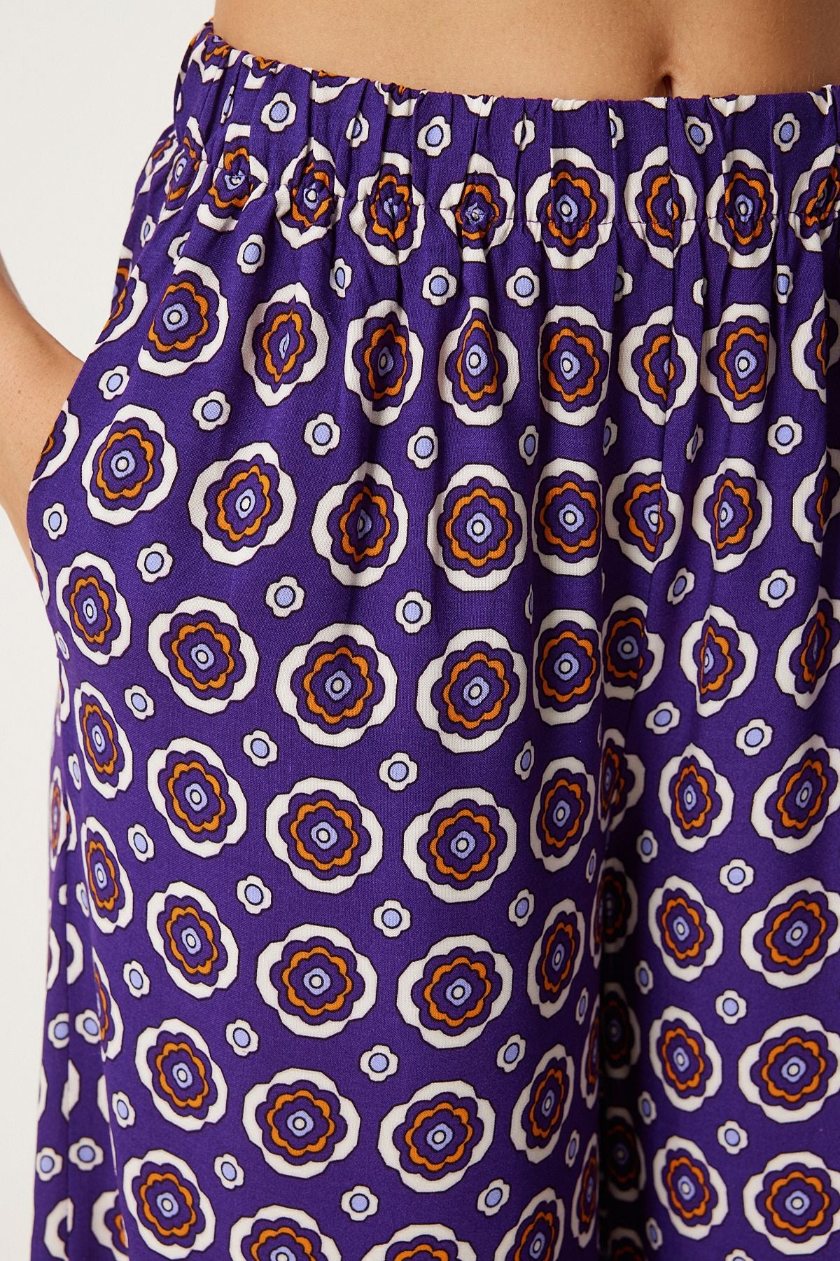 Woman purple white patterned summer viscose shirt palazzo pants set FN03272