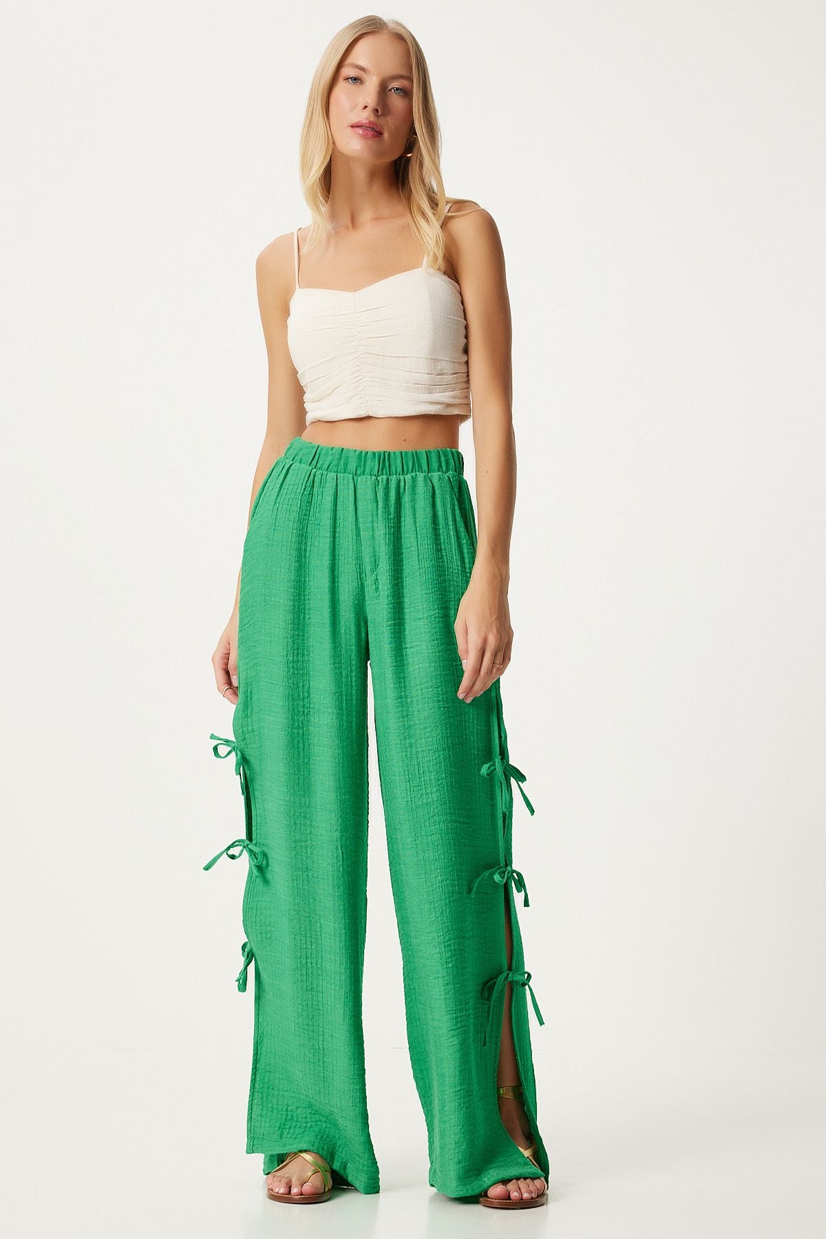 Female Green Bow Slit Flax Pants FN03298