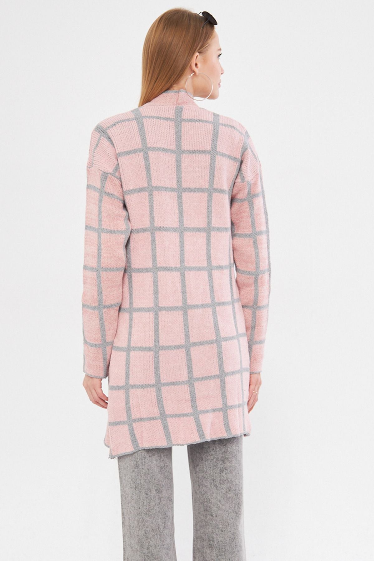 Woman Pink Square Patterned Long Knitwear Cardigan ARM-25K012007