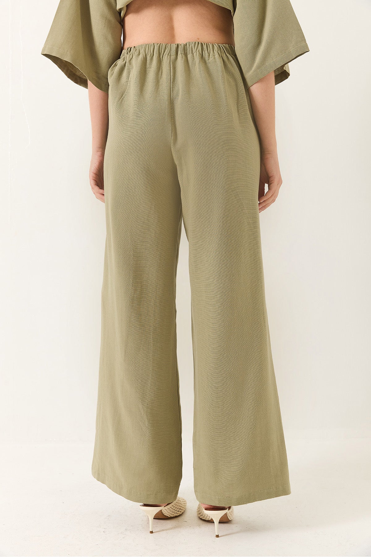 Women's V-Neck Bat Sleeve Linen Kimono Palazzo Top and Bottom Set with Trousers 9295 60281019