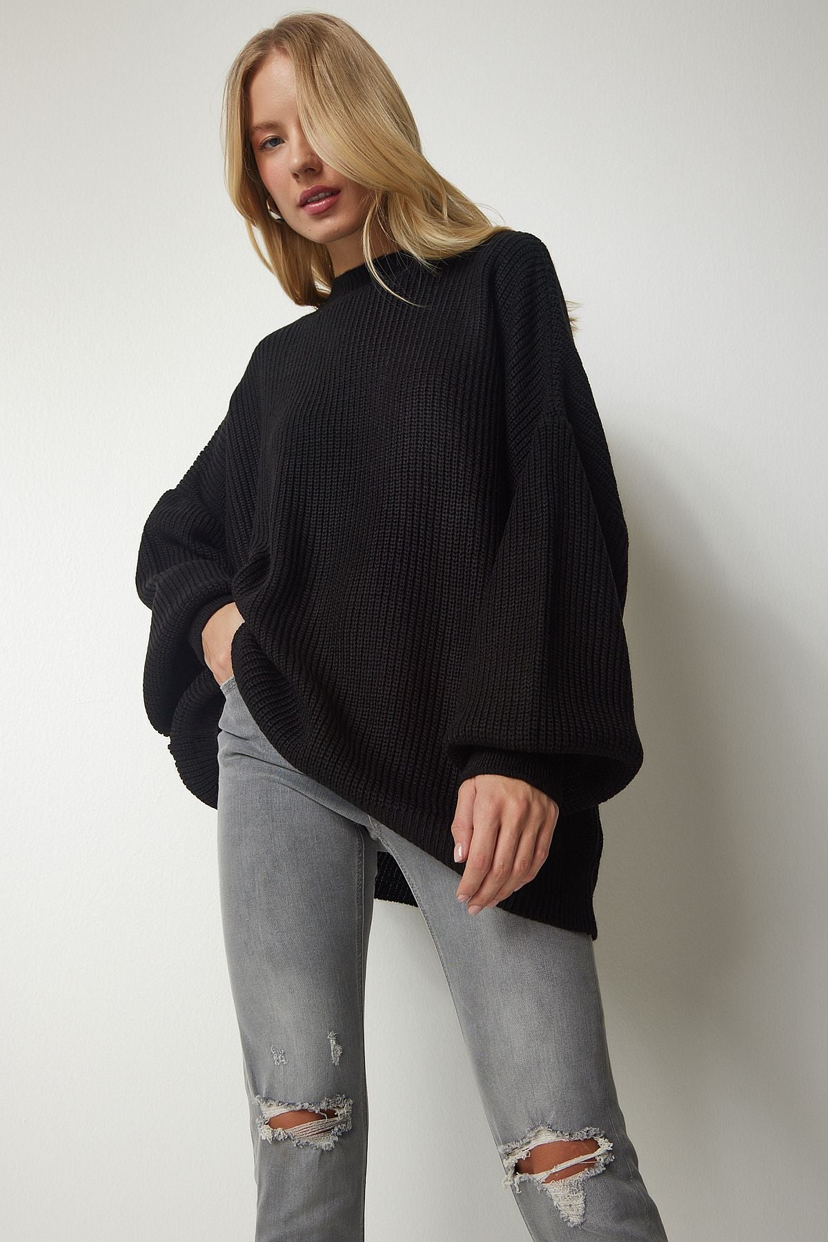 Woman Black Oversize Basic Knitwear Sweater MX00126