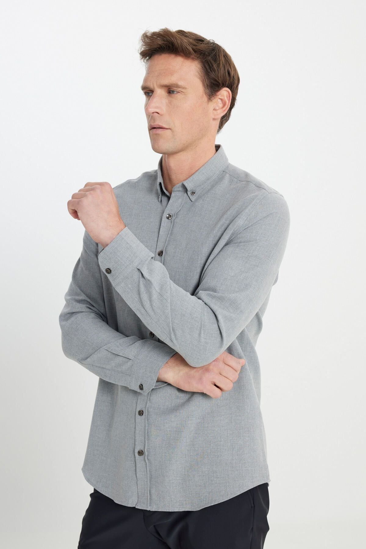 Men's light gray cotton flannel slim fit narrow cut buttoned button shirt