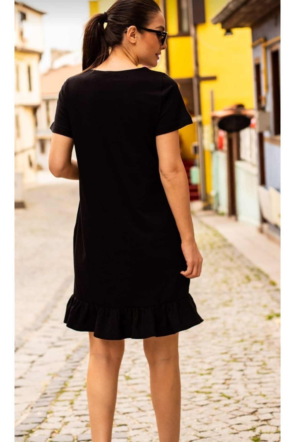 Woman Black Short Sleeve Six Ruffle Dress ARM-20Y001032