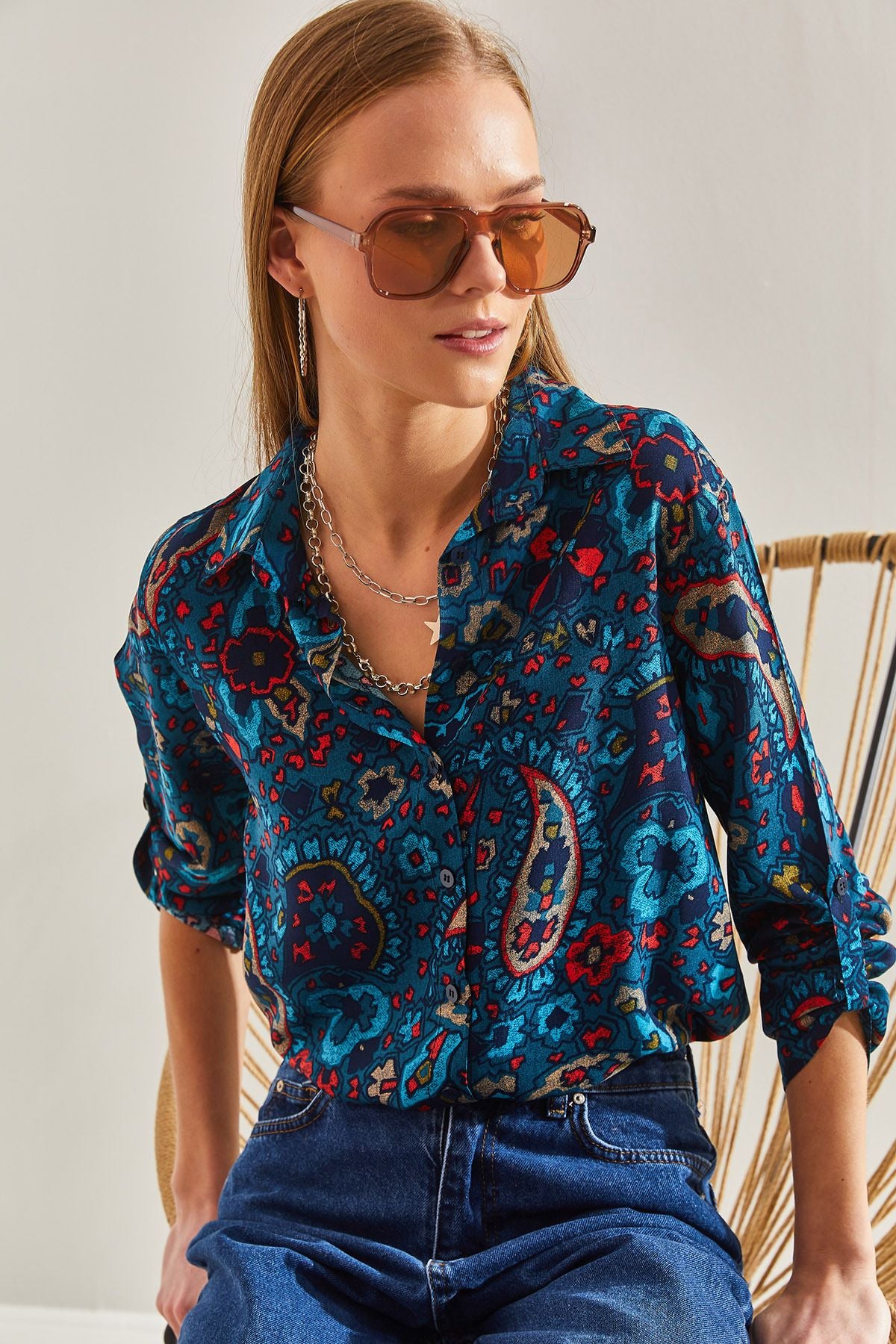 Women's Arm Folded Flower Patterned Viscose Shirt 60101029