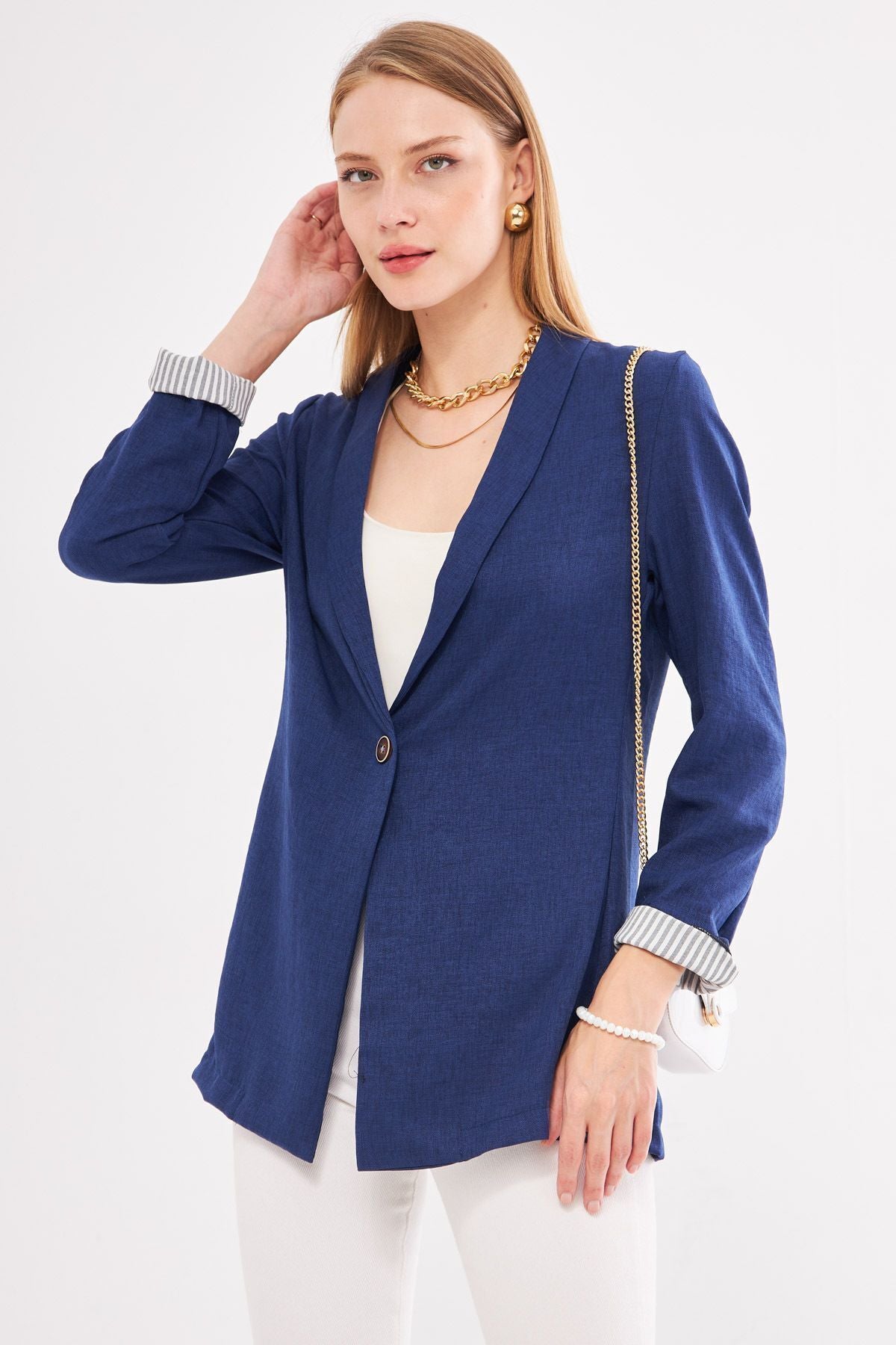 Woman Navy blue sleeve in intravenous striped single button jacket ARM-22K001122