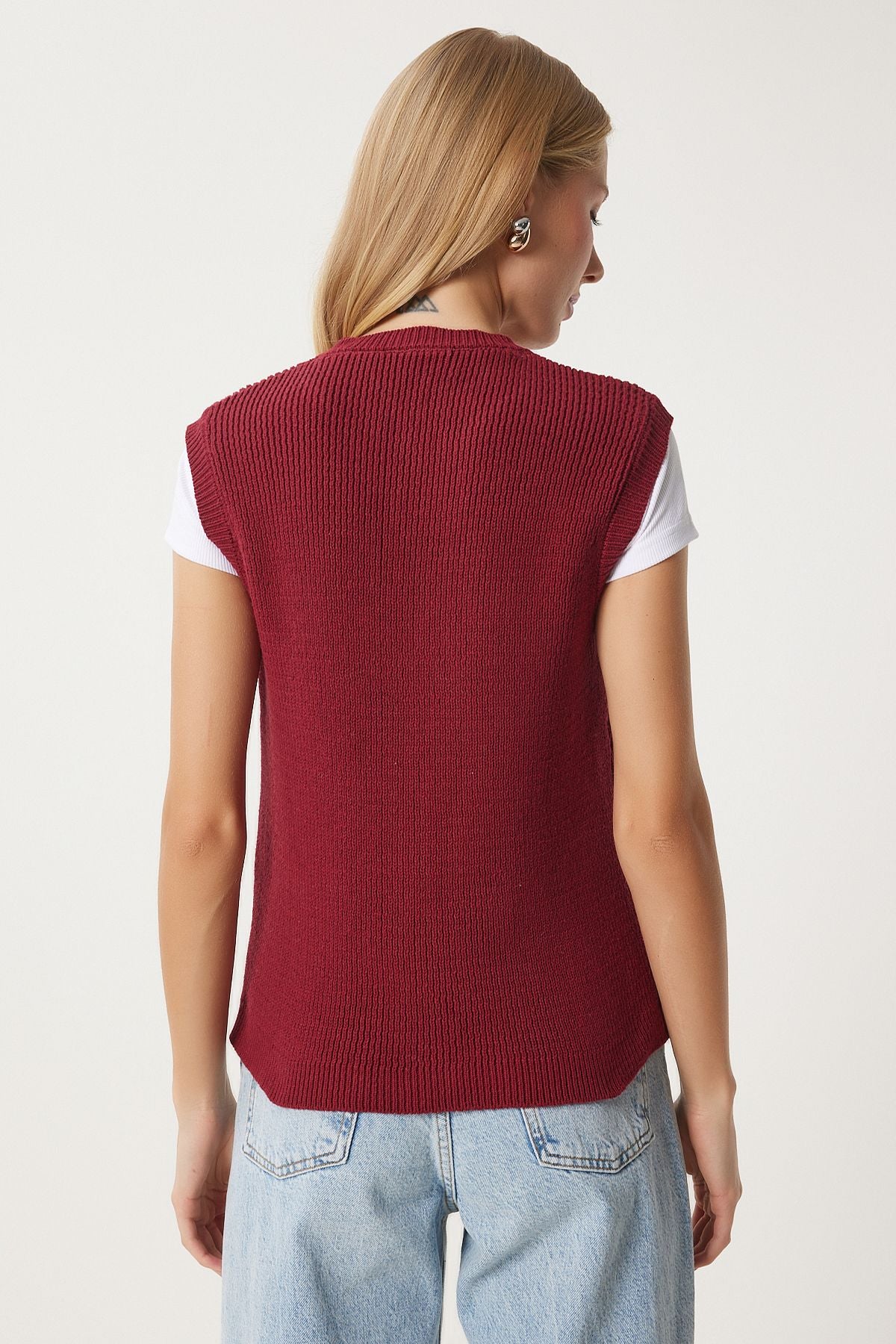 Women's Bordeaux Stylish Button Pocket Triko Vest US00948