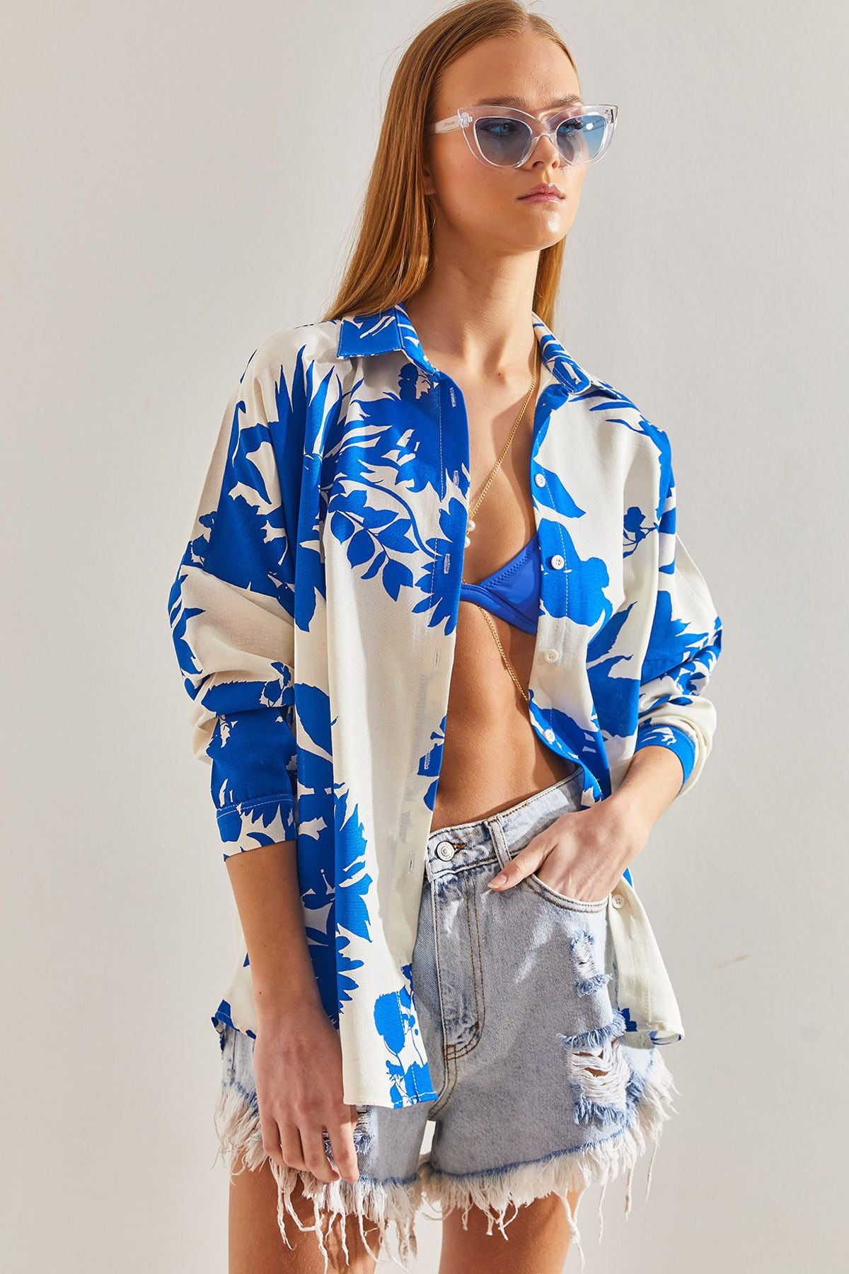 Women Patterned Shabby Linen Shirt 60101018
