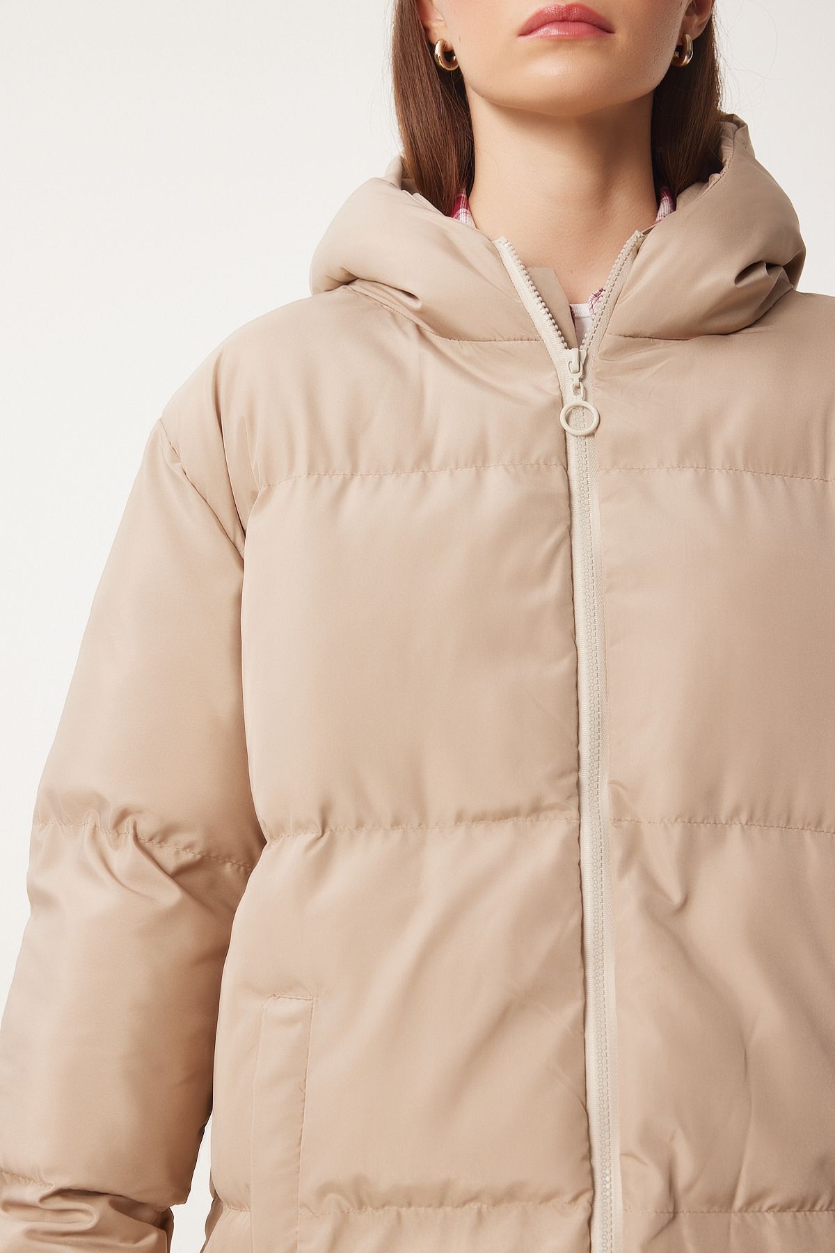 Female Beige Hooded Oversizle Swelling Coat CI00050