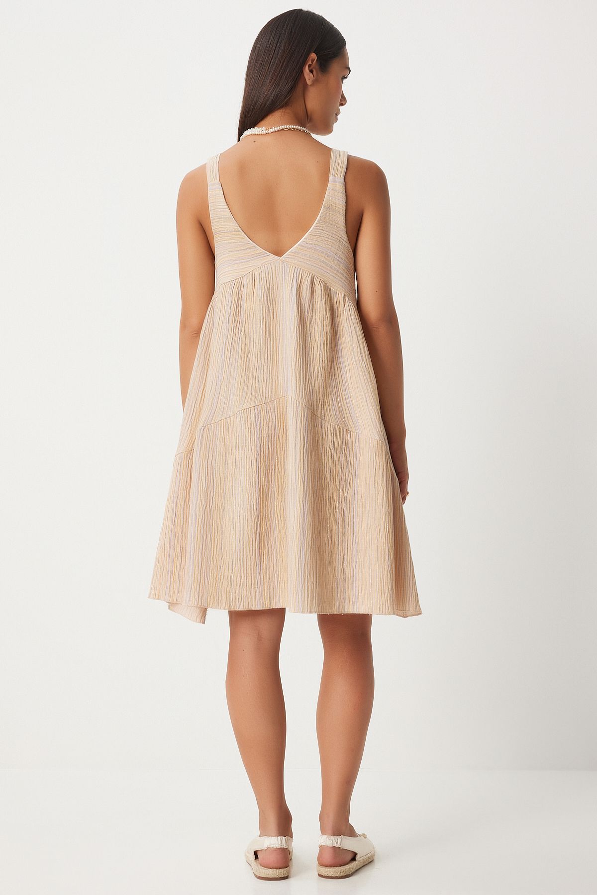 Women's Cream Shirred collar A cut summer knitted dress wf00079