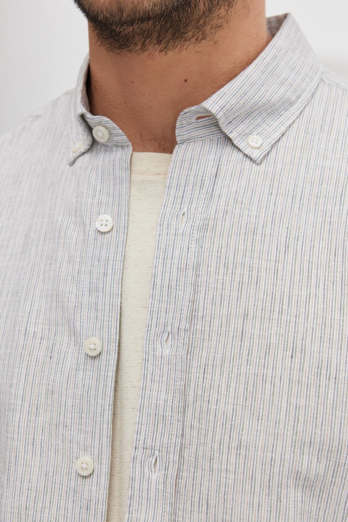 Men's White-Haki Slim Fit Narrow Cutting Buttoned Neck Organic Cotton Striped Linen Shirt