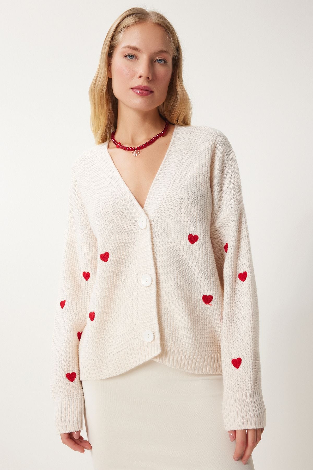 Women's Cream V -Neck Heart Textured knitwear cardigan kg00011