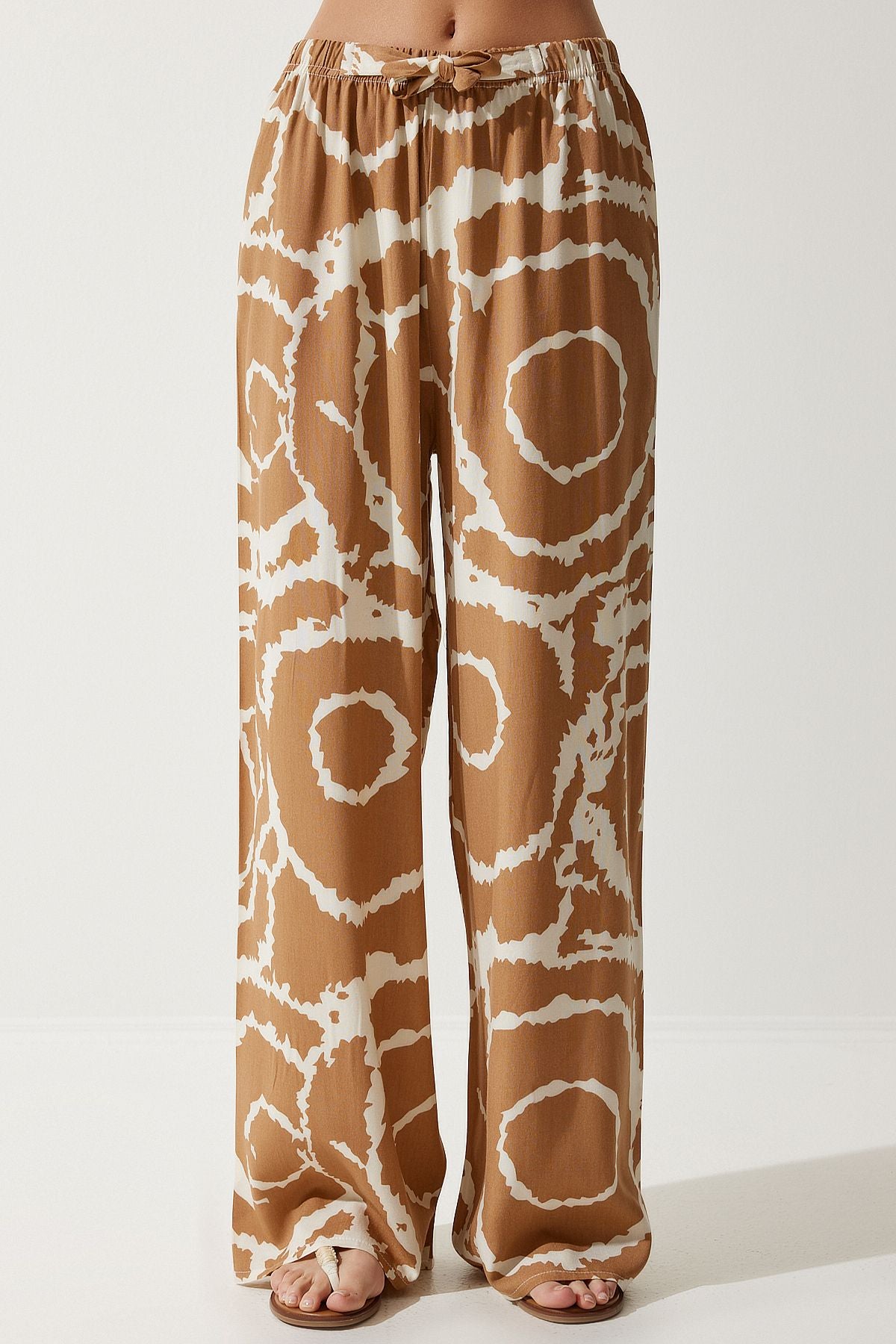 Female Biscuit Cream Patterned Viscose Palazzo Pants EN00606