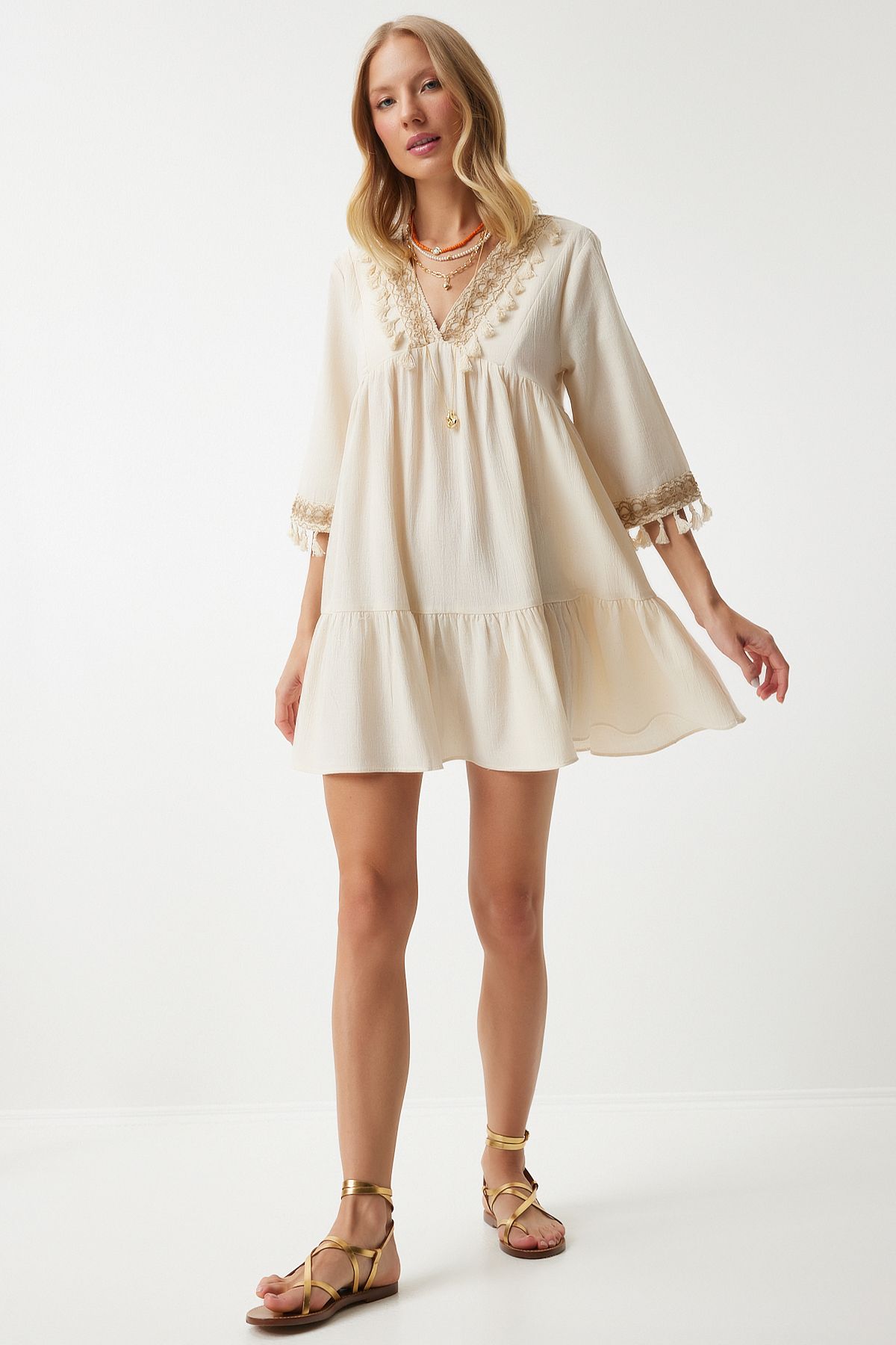 Women's cream v neck tassel detailed mini dress rv00194