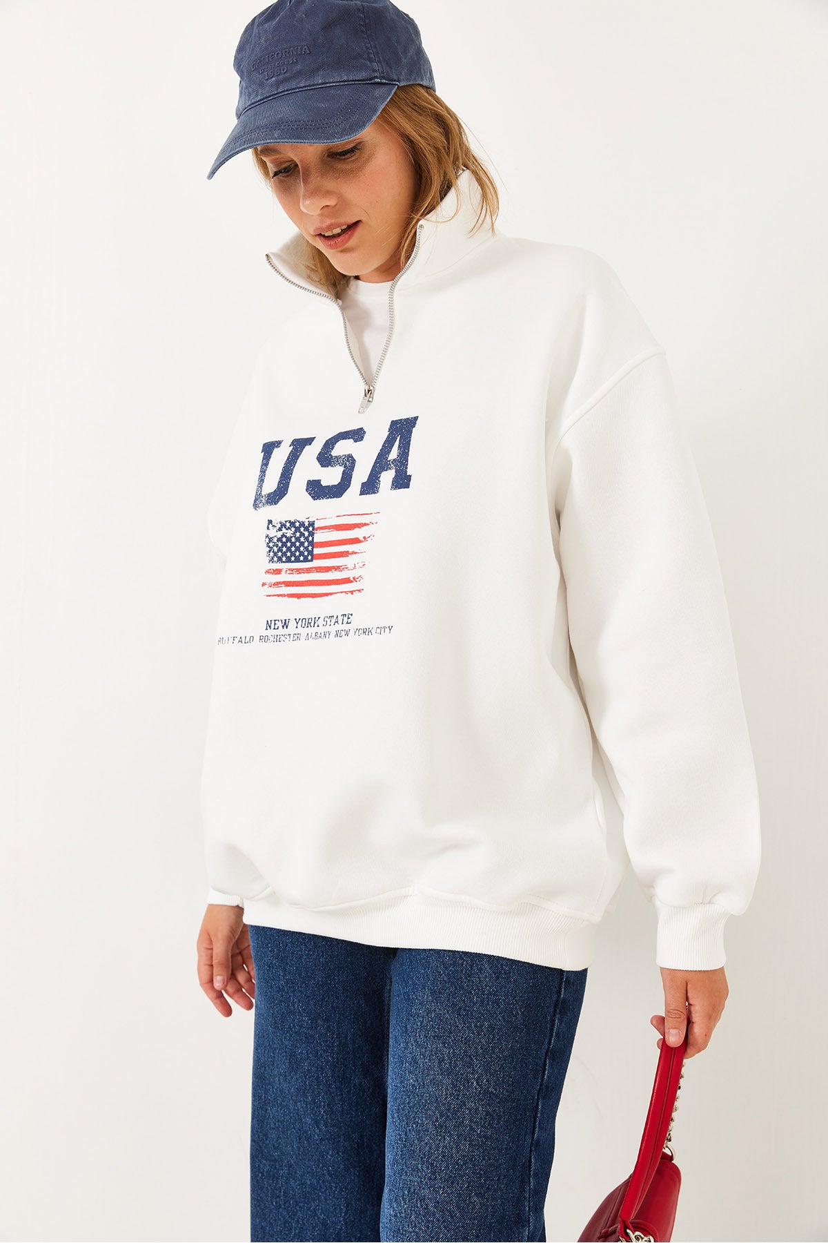 Women's Bee Zippered USA Printed High Collar Sweatshirt 60251880