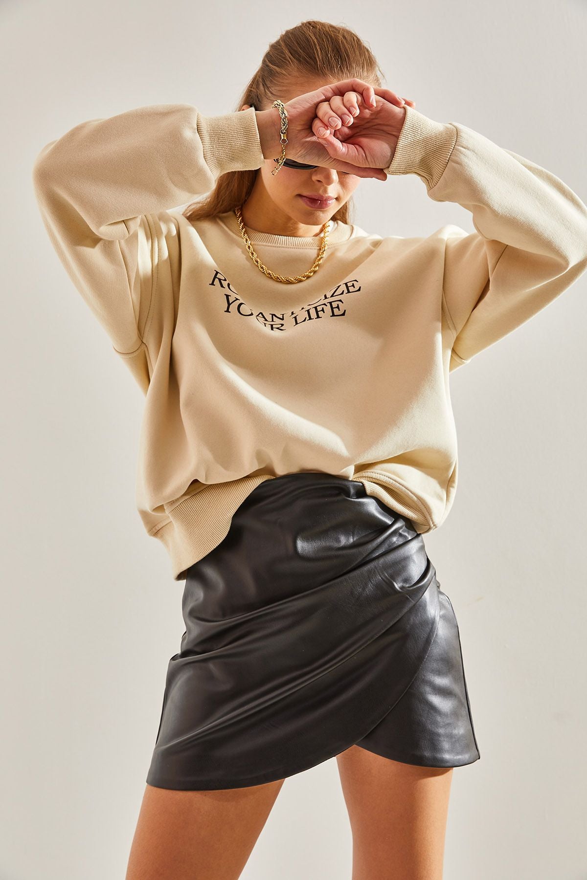Women's text printed three yarn