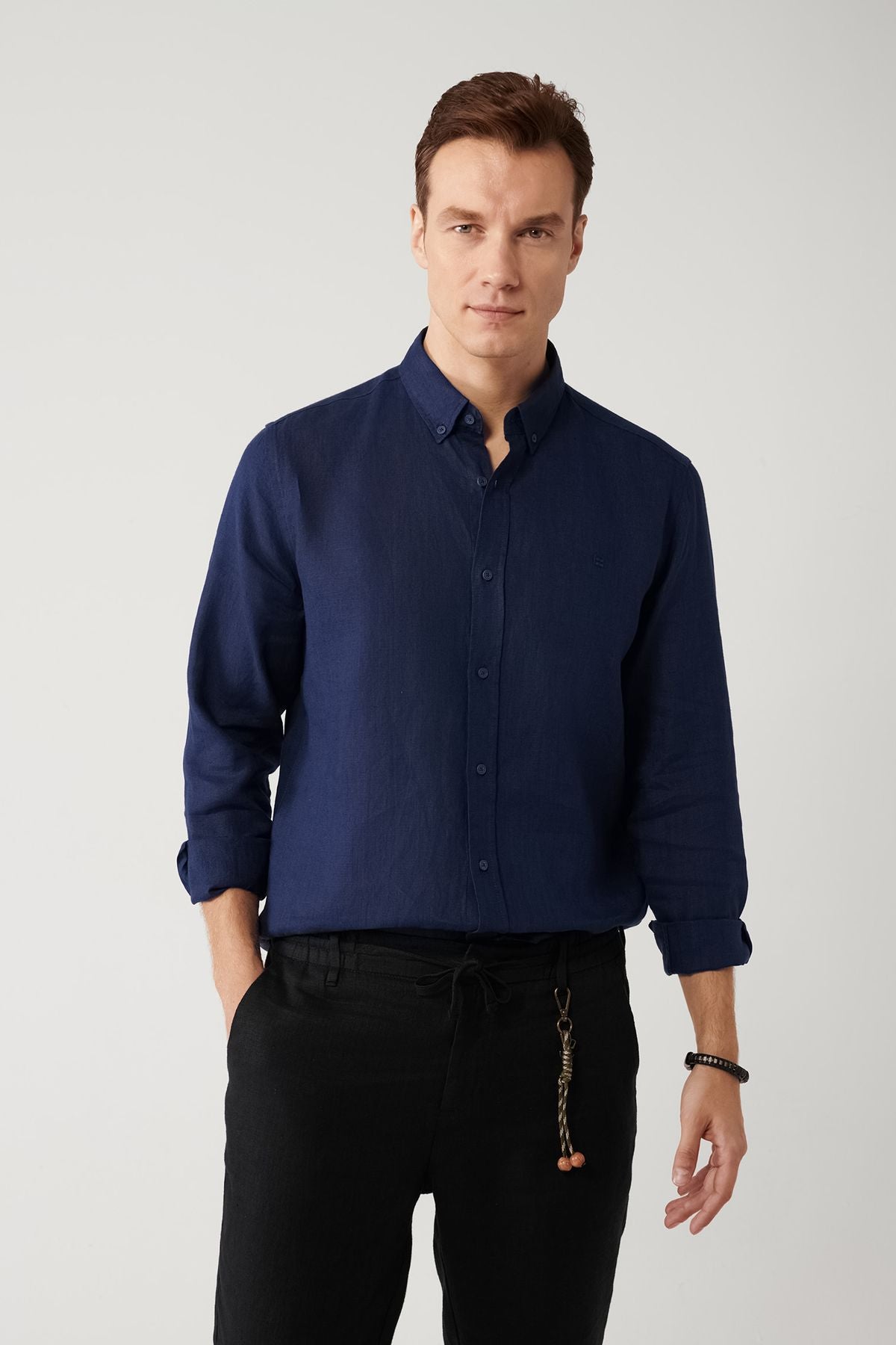 Men's Navy Blind 100 %Linen Buttoned Neck Shirt B002191
