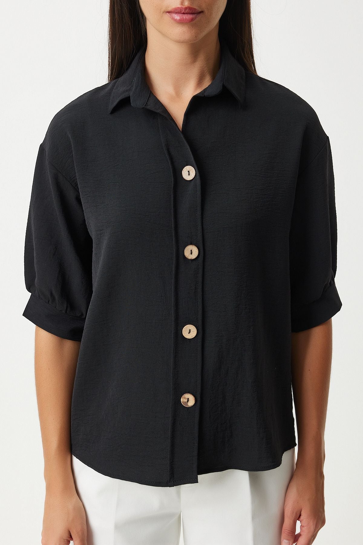 Female black balloon sleeve linen Ayrrin shirt DD01321