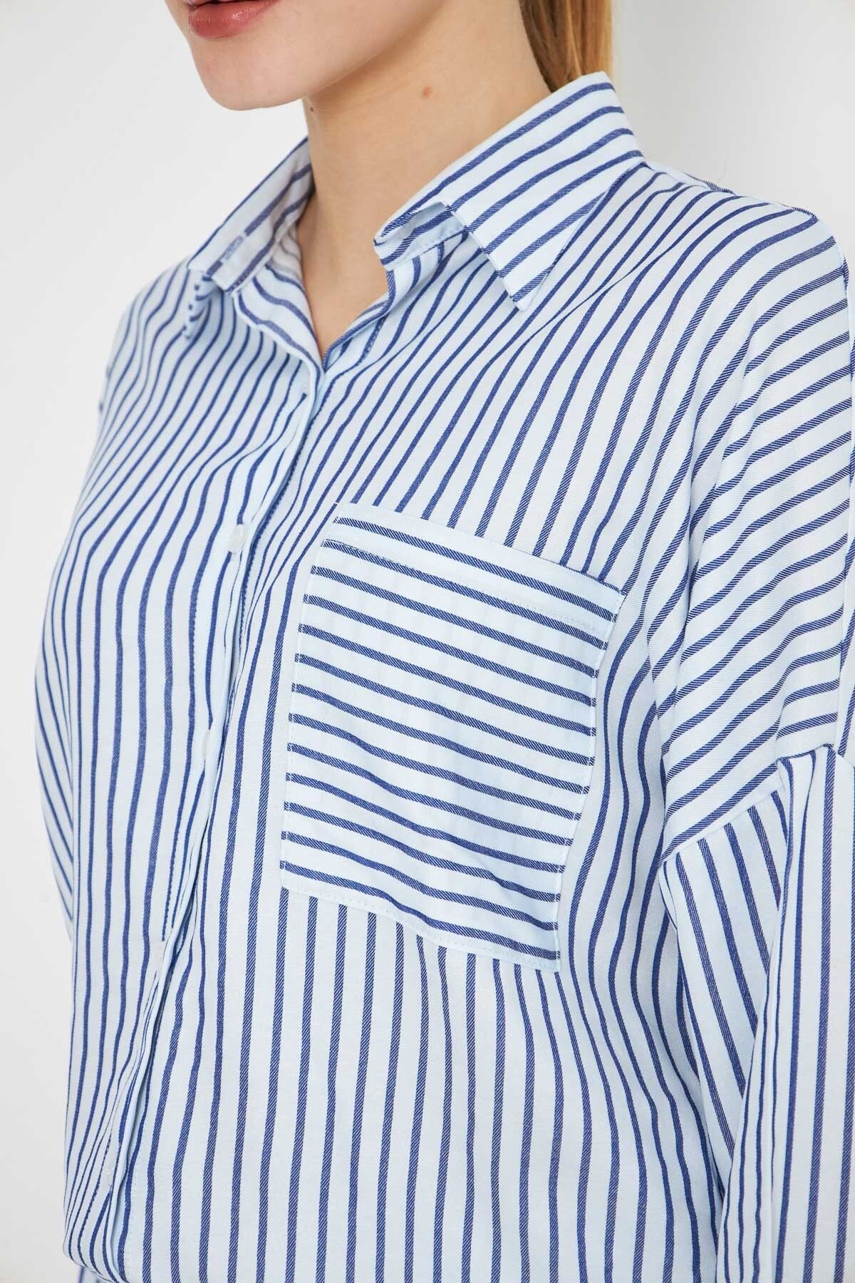 Female flowerpot stripe long arm pocket detailed back Pleeled Oversize shirt ARM-25K001069